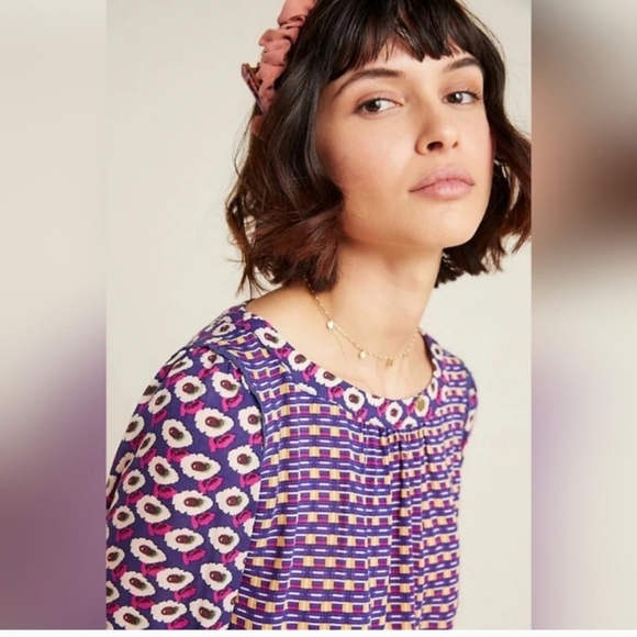 Maeve Anthropologie Cheyenne Mixed Print Peplum Pullover Top Purple Size Medium - Picture 2 of 13